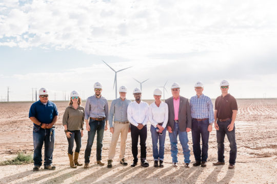 Policymakers, including Commissioner Shelly Botkin of the Public Utility Commission of Texas and Floyd County Judge Marty Lucke, get an up-close view of Cotton Plains Wind.