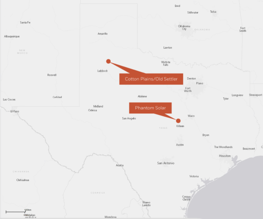 Locations of the wind and solar facilities supplying energy to Fort Hood.