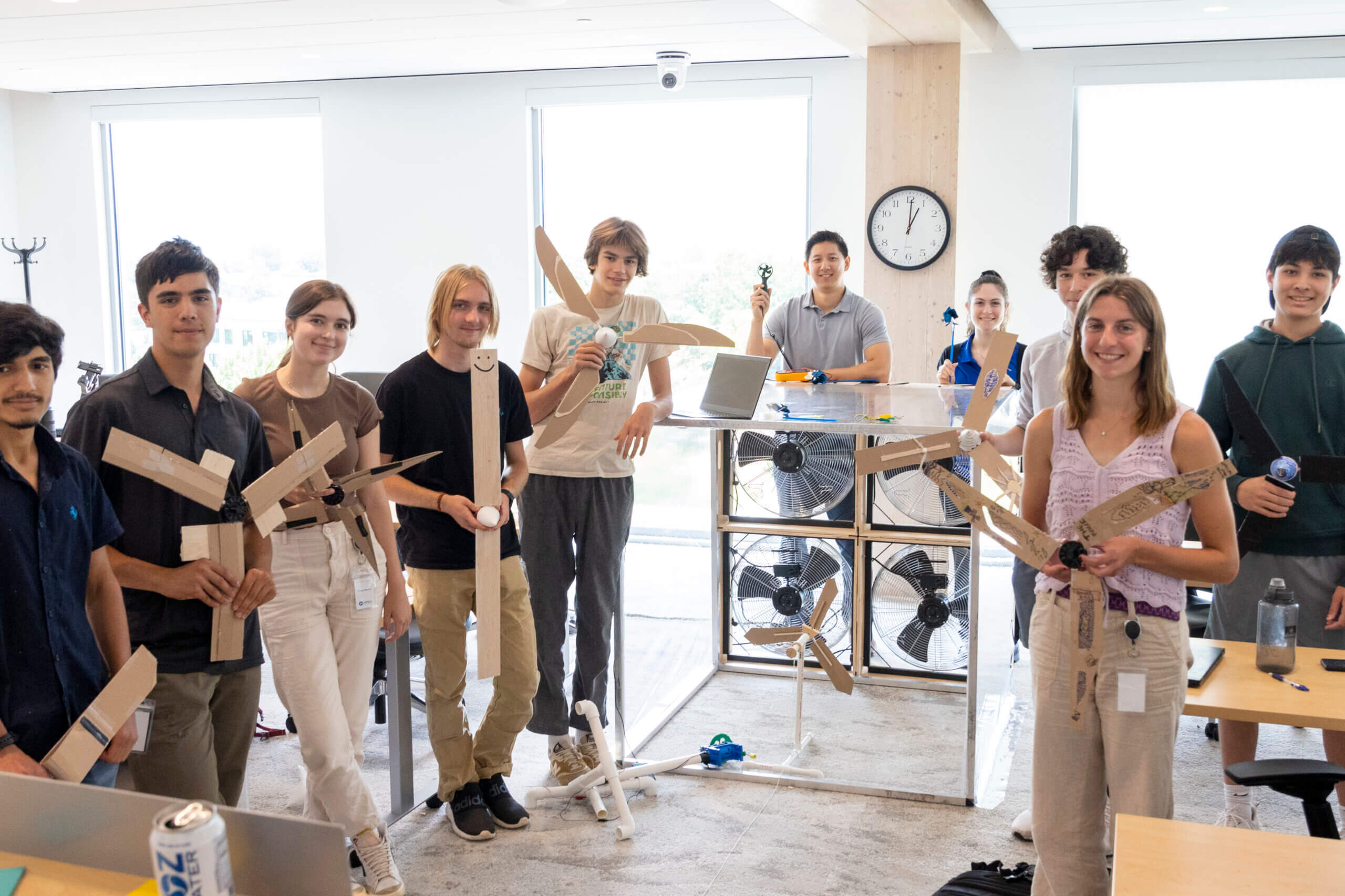 group of students with homemade wind turbines